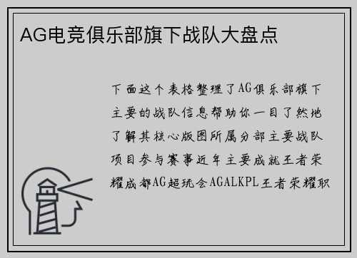 AG电竞俱乐部旗下战队大盘点